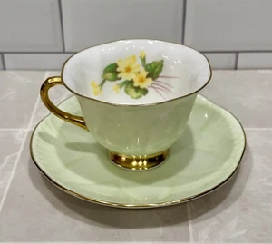 VTG Shelley PRIMROSE TEACUP SAUCER Oleander Mint Sage Green Gold Tea Cup Flowers - Picture 1 of 13