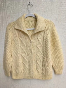 Vintage Handknit Yellow Fisherman Grandmacore Cardigan Sweater Size Medium - Picture 1 of 3