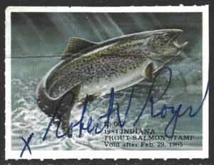 USA 1984 INDIANA Trout & Salmon Fishing Revenue Stamp #35A GOTHIC SERIAL# Signed - Picture 1 of 2