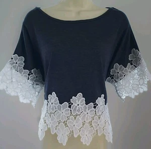 Vtg Oversized Blue White Crochet Slouchy T-shirt Sweater Pullover Top 12 14 16 - Picture 1 of 6