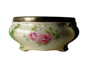 Art Nouveau Bridgwood & Son Opaque Porcelain Bowl Pink Roses Silver Plated Rim - Picture 1 of 17