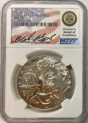 2016-P Mark Twain Silver Dollar Long Beach Releases NGC MS-70 Miles Standish  - Image 1 of 4