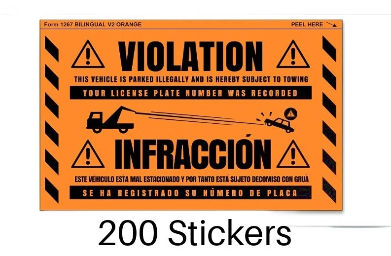 200 Pack Mess Form 1267 Parking Violation Sticker 8" x 5" Orange Bi-lingual - Image 1 of 1
