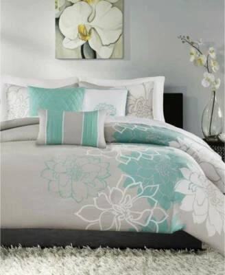 Novo Conjunto de Edredom Geométrico Floral Madison Park Lola 9 peças Queen Cinza Aqua - Imagem 1 de 3