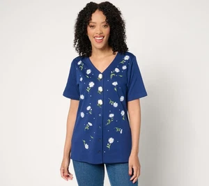 Quacker Factory Women's Top Plus Sz Sweater 2X Field of Daisies Blue A681257 - Picture 1 of 4