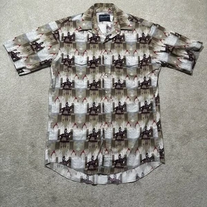 Vintage Wrangler Pearl Snap Shirt Mens Medium Brown Cowboy AOP All over Print - Imagen 1 de 8