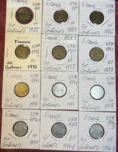 1922 - 1946 France 50 Centimes Very Fine VF - BU Condition 12 Coin Lot - Picture 1 of 12