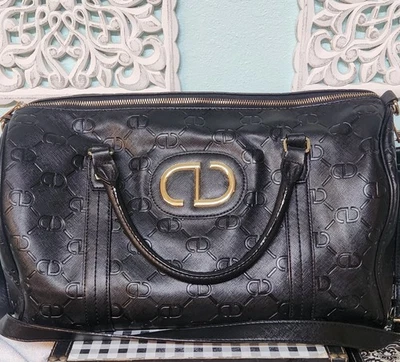 Bolso de Lona Gianni Bini Negro Imitación Cuero Dorado Herrajes Correa para el Hombro Grande Foto 1 de 4