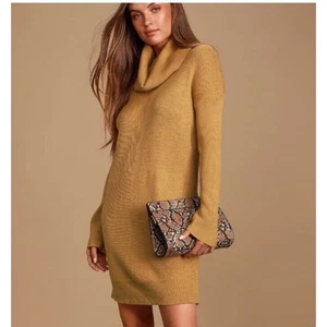 Lulus Tea Reader Camel Cowl Neck Sweater Dress Size L. Excellent Used Condition - Picture 1 of 5