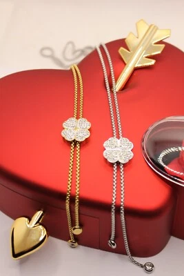 COLLANA  SALISCENDI ACCIAIO DONNA QUADRIFOGLIO STRASS DORATA RODIATA CM 80 - Immagine 1 di 4