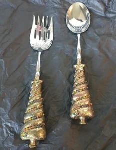 Grande servizio insalata albero di Natale ottone gioiello forchetta e cucchiaio 12" WCWU EUC - Foto 1 di 11