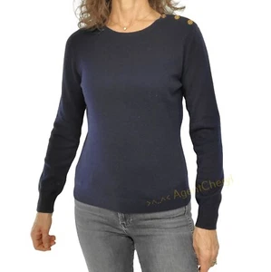 RALPH LAUREN Size M Women Navy Gold Button Shoulder Washable Cashmere Sweater - Picture 1 of 10