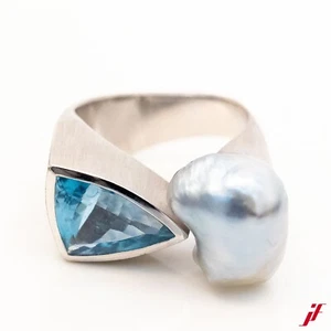 Kurt Neukomm Anillo 18K Oro Blanco Aguamarina 3,97ct Brillante 0,03ct Perla - Imagen 1 de 2