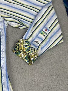 Robert Graham Shirt Mens Medium White Green Striped Geometric Flip Cuffs Preppy - Picture 1 of 24