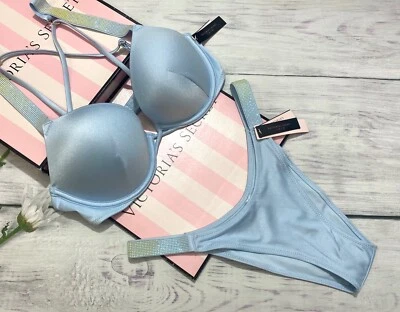 Victoria's Secret Shine Strap Swim Bombshell Add-2-cups Blue Push-up Set 38C Foto 1 de 2