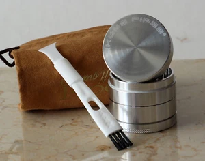 Ekoms Chrome 4pc 2" Aluminum Grinder & Suede Bag with Grinder Scraper & Brush - Picture 1 of 7
