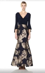 XSCAPE Navy Jacquard Brocade Floral V-Neck Illusion Bell Sleeve Mermaid Gown 4 - Picture 1 of 7