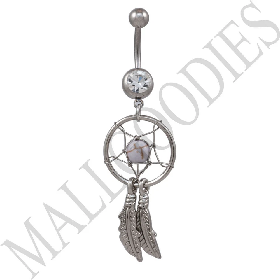 B107 棕色捕梦网捕梦者肚脐环羽毛珠手术 — 第 1/1 张图片
