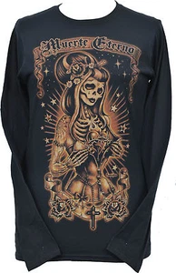 LADIES LONG SLEEVE TOP MUERTE ETERNO MEXICAN SKELETON SUGAR SKULL HORROR PIN-UP  - Picture 1 of 4