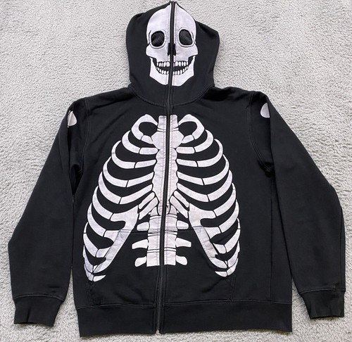 RHUDE Rude XXX Felpa con Cappuccio Uomo XL Nero Scheletro Full Top Zip Giacca Teschio Halloween Gotico