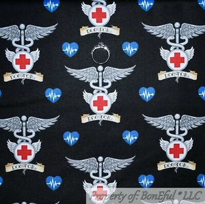 BonEful FABRIC FQ Cotton Quilt Black Red White Blue American Dr Nurse 911 Medic - Picture 1 of 12