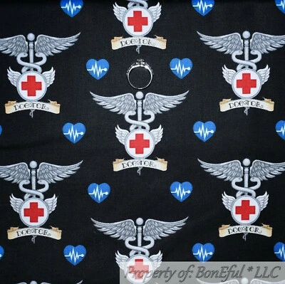 BonEful FABRIC FQ Cotton Quilt Black Red White Blue American Dr Nurse 911 Medic - Image 1 of 4