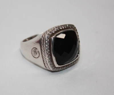Anillo David Yurman Plata Esterlina 15mm Ónix Albión Diamante Halo Talla: 8.75 [045GRA Foto 1 de 4