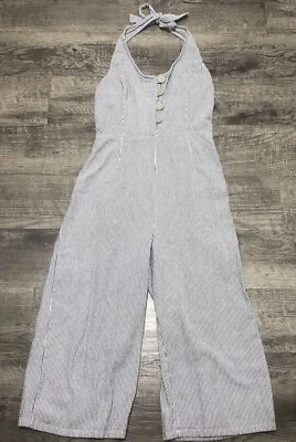 "Pantalones Derek Hear Mameluco Talla L Halter Top Azul Blanco Rayas Pecho 34"" Cuello A8" Foto 1 de 4