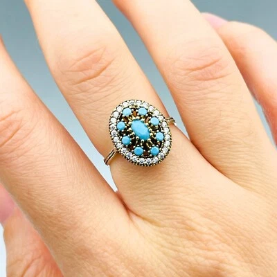 Anillo de plata de ley 925 con piedra turquesa simulada para mujer hecho a mano joyería regalo Foto 1 de 4