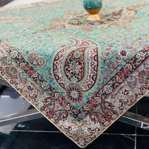 Termeh Silk Tablecloth, Handmade Tablecloth, Handwoven Silk Wool Fabric,Turquois - Picture 1 of 4