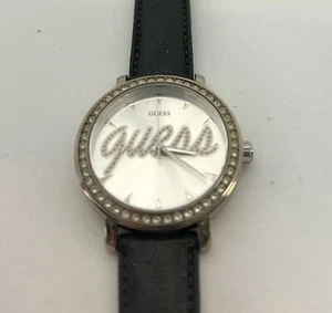 Guess Women’s Logo Watch White Dial Pave Crystal Surround Black Leather Band - Picture 1 of 5