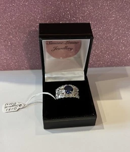 Sterling Silver Lab Created Sapphire & Diamond Ring Size N - Picture 1 of 9