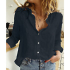 Women Short Sleeve Casual Shirt Ladies Office Linen Button Plain Tops Blouse Tee