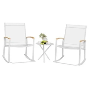 3 Piece Outdoor Rocking Bistro Set, Textilene Fabric Small Patio White - Picture 1 of 7