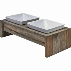 Double Bowl Cat Feeder Elevated wooden Stand Raised Dish Feeding Food Water - Picture 1 of 3