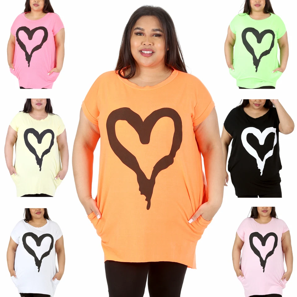 Nouvelle Womens Plus Size Heart Print T-Shirt Ladies Slouch Top with Side Pocket - Image 1 of 1