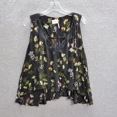 Free People 女式背心中号黑色花卉爱情药水亚麻混纺蕾丝 — 第 1/4 张图片