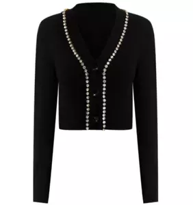 Luxurious 100% Cashmere V Neck Cardigan with Rhinestone Detail By Aqua Black XS - Picture 1 of 7