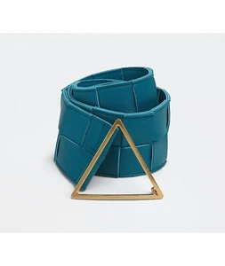 SIN IMPUESTO ADUANERO BOTTEGA VENETA Azul Grande Intrecciato Tejido Triángulo Cinturón Talla 80 - Imagen 1 de 8
