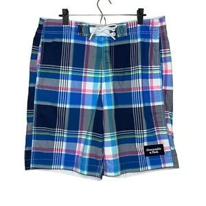 Abercrombie & Fitch Swim Trunks Plaid Blue Yellow Pink Board Shorts Pockets XL - Picture 1 of 8
