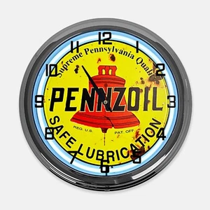 18" Pennzoil Safe Lubrication Metal Sign Designed White Neon Clock - Picture 1 of 5