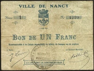 Nancy (54) Banknote Of Need - 1 Franc 02.08.1914! WW1 Uniface - Bild 1 von 2