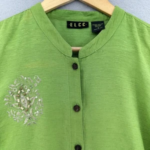 Y2K ELCC Silk Beaded Embellished Button Down Top Chartreuse SZ S Preppy Art VTG - Picture 1 of 8