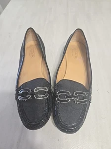 Coach Womens Ella Loafers Black Monogram Fabric/Patent Leather Slip On - Picture 1 of 10