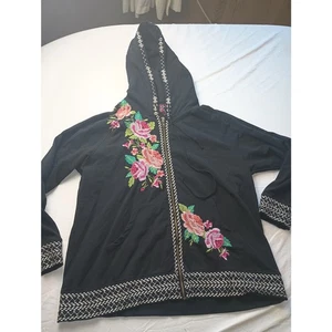 Johnny Was Dorana Full Zip Hoodie Sweatshirt Floral Embroidered Black Women 1X - Picture 1 of 6