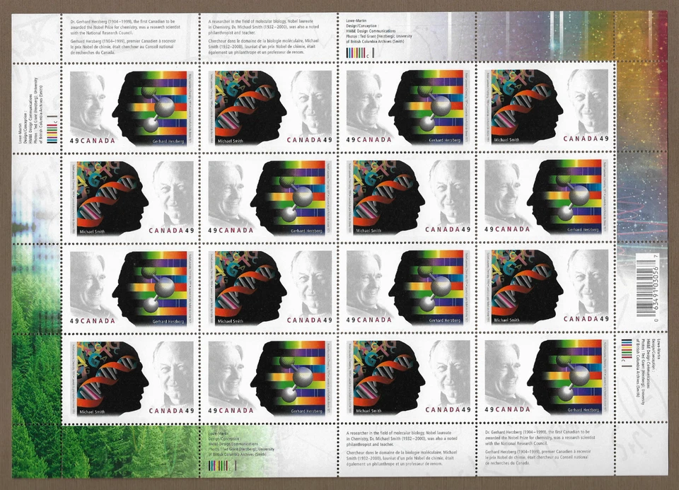 Canada Stamps - Full Pane of 16 - 2004, Nobel Prize Winners #2061-2062 - MNH - Image 1 of 1