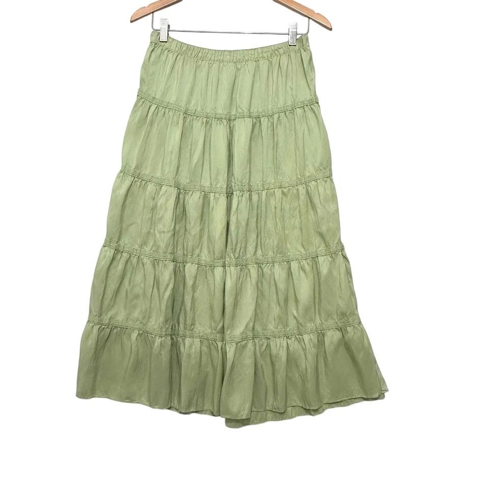 Garnet Hill Silk Tiered Midi Skirt Sage Green Women's Size 8 Boho Cottagecore - Image 1 of 4