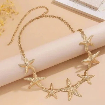 NUEVO CON ETIQUETAS Elegante Playa 5 Estrellas de Mar Cintura de Cadera Vientre Cadena Cinturón Ajustable Collar Dorado Foto 1 de 4