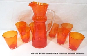 9-PC VINTAGE ORANGE Ombre & CLEAR GLASS PITCHER & TUMBLER GLASSES SET - Picture 1 of 9