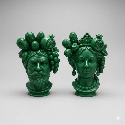 Coppia Teste Di Moro Lui E lei Color Verde 35 Cm - Imagen 1 de 4